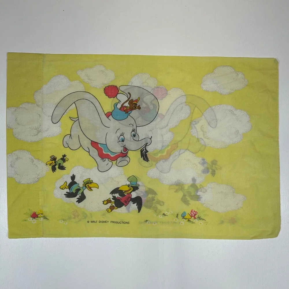 Vintage Walt Disney Productions Dumbo Flying Elephant Yellow Pillowcase Retro